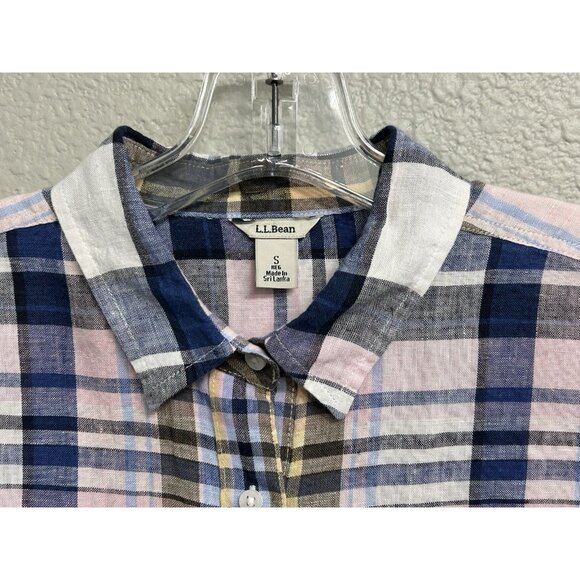 LL Bean Womens 100% Linen Plaid Button Up Collared Shirt Size Small Blue Blouse - Picture 4 of 9